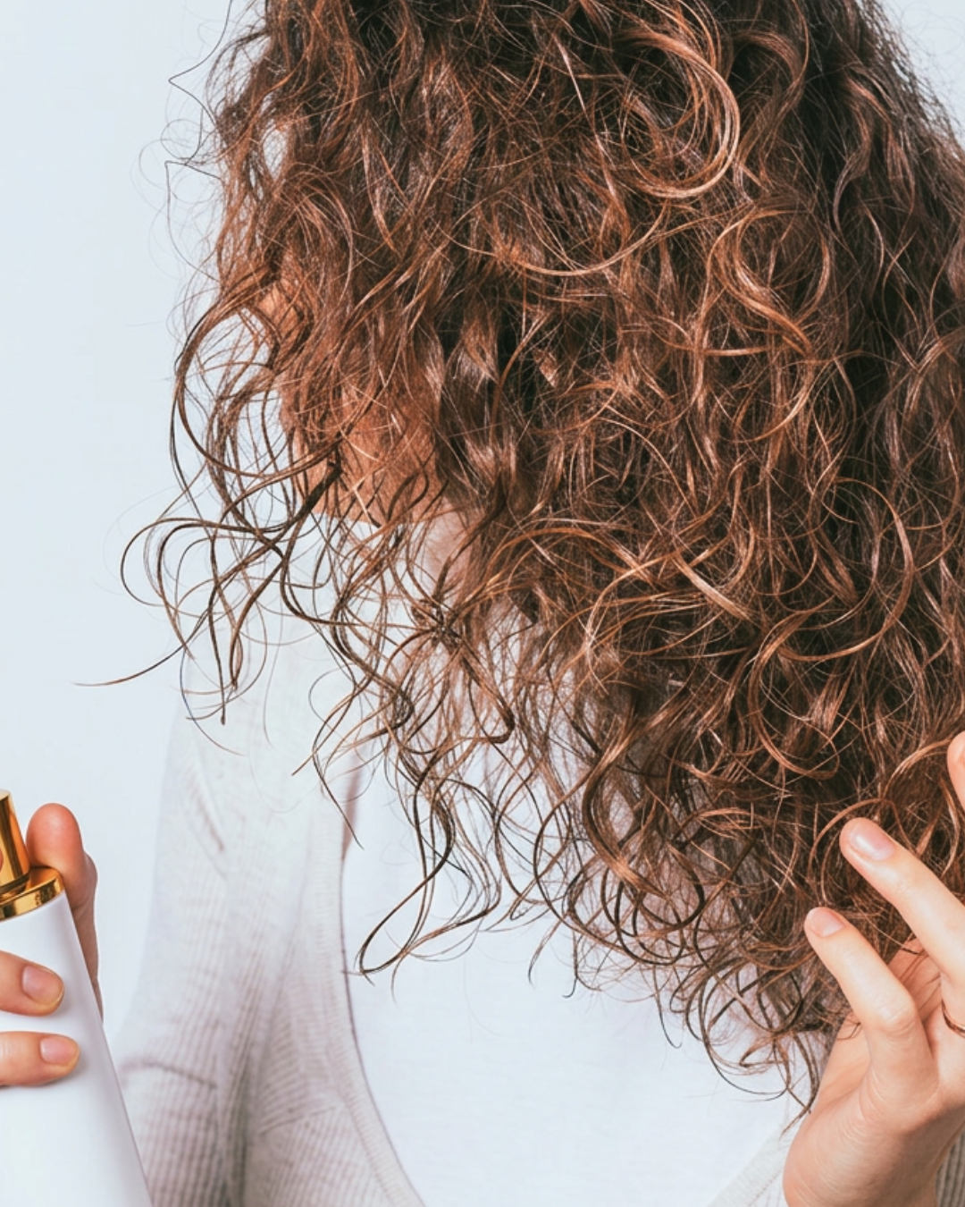 Woman applying botanical hair oil to the lengths of her hair for lightweight moisture, softness, and natural shine.