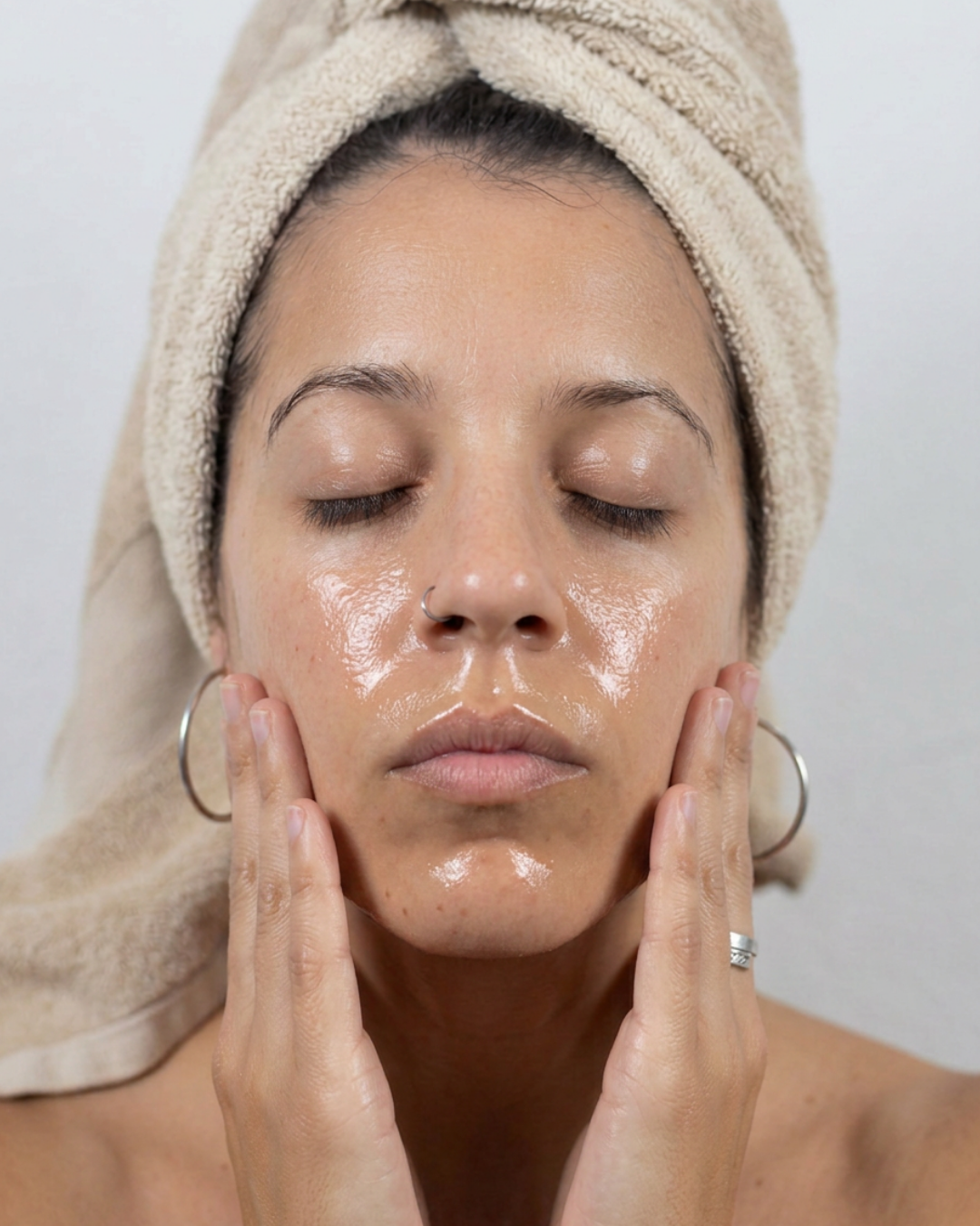 A close-up of a woman with her eyes closed, applying pre-cleansing oil to her face with her hands. She has a beige towel wrapped around her hair, and her face is covered in a shiny oil.