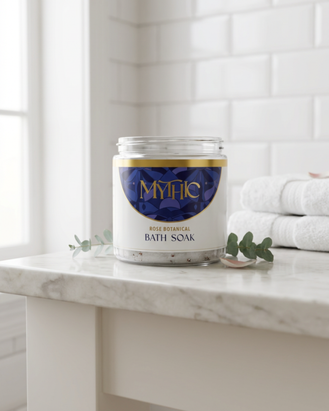 A jar of Mythic Rose Botanical Bath Soak sits on a white marble vanity in a bright bathroom setting with white subway tiles and folded white towels in the background.