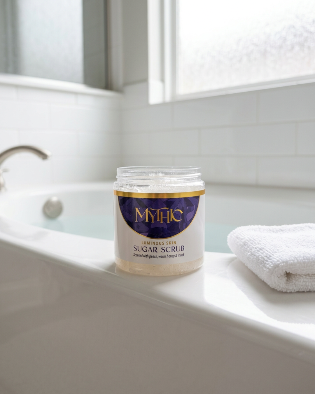 A jar of Mythic Complete Body Sugar Scrub sits on the edge of a white bathtub next to a folded white towel, with a tiled bathroom background.
