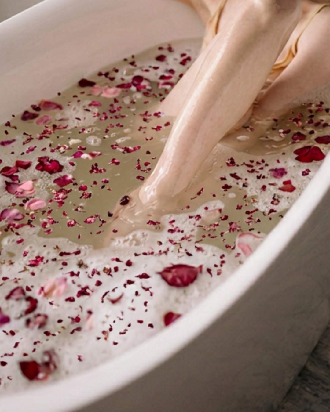 A close-up of a white bathtub filled with warm, foamy bath water and scattered dried rose petals, with a person's legs dipping into the water.