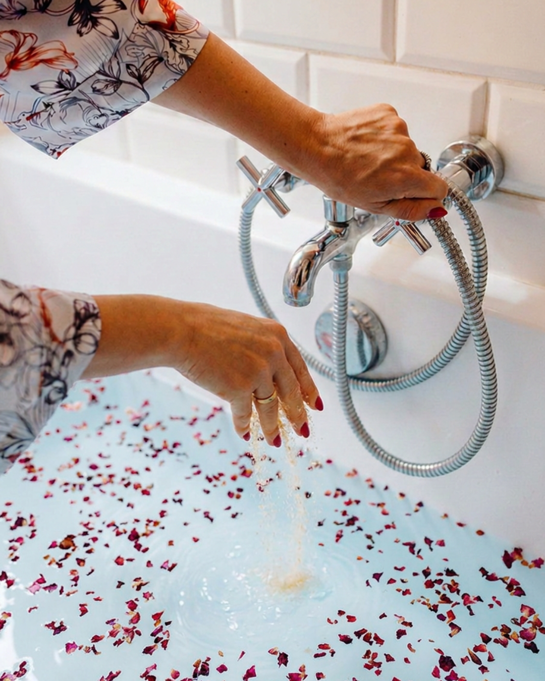 A close-up lifestyle shot of a person's hands adjusting a chrome bathtub faucet and hose, with water running into a white tub filled with scattered red rose petals.