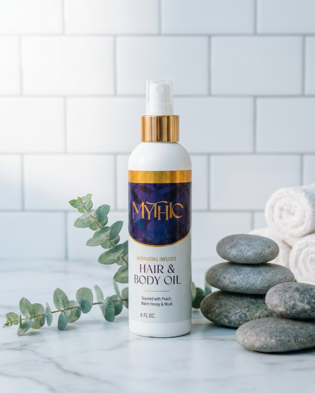 A bottle of Mythic Hair & Body Oil stands on a marble surface with a white subway tile background, styled with eucalyptus leaves, stacked gray stones, and rolled white towels.