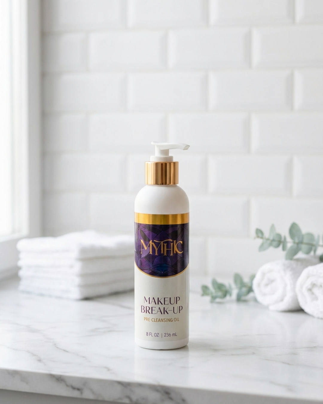 A bottle of mythic Makeup Break-Up Pro Cleansing Oil stands on a marble countertop in a bright bathroom setting with white subway tiles, folded towels, and rolled towels in the background.