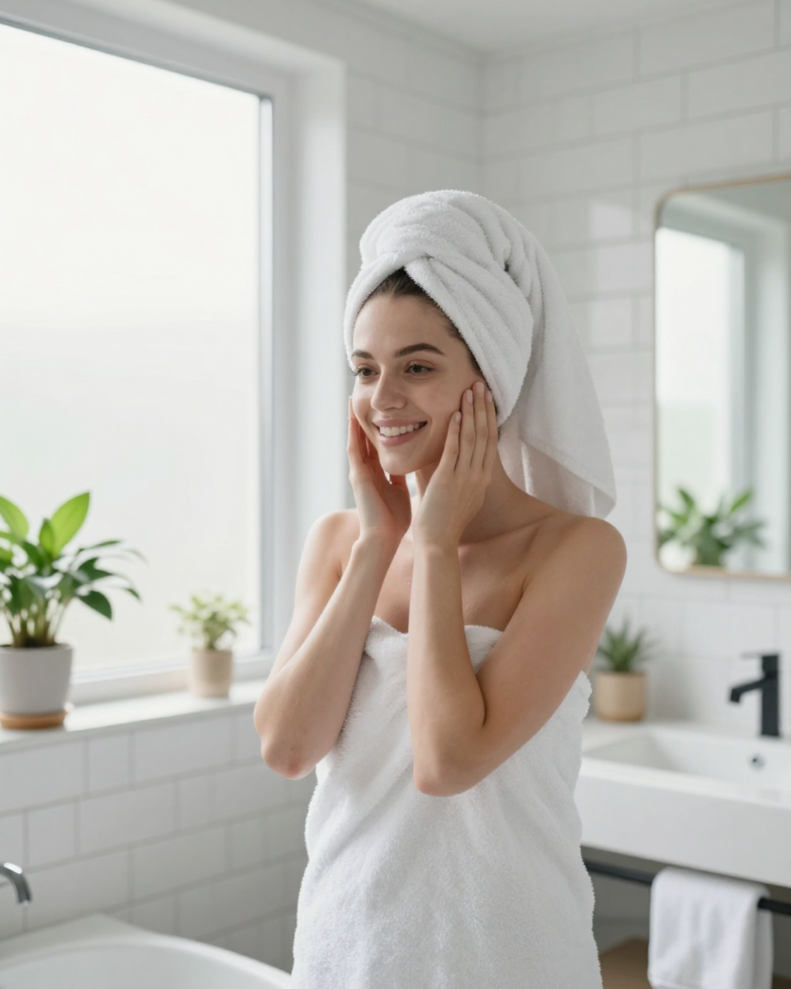 A woman wrapped in a white towel with a white towel turban on her head stands in a bright, modern bathroom, touching her face. White subway tile walls, a sink, and potted plants are visible in the background.
